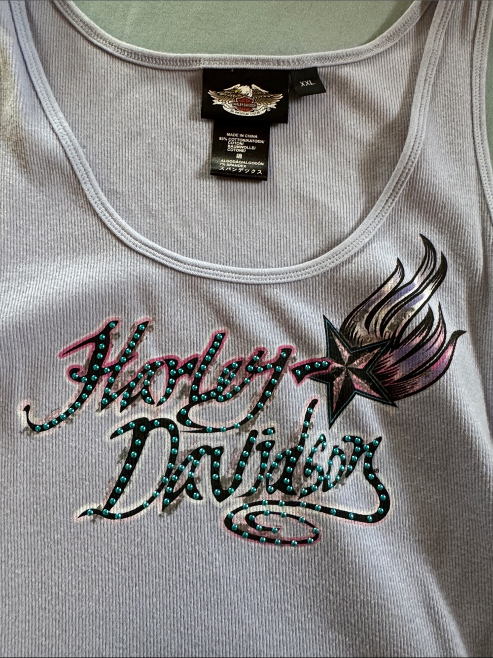 Harley-Davidson Light Lavender Tank with Rhinestone Logo and Floral Accent - Picture 3 of 5